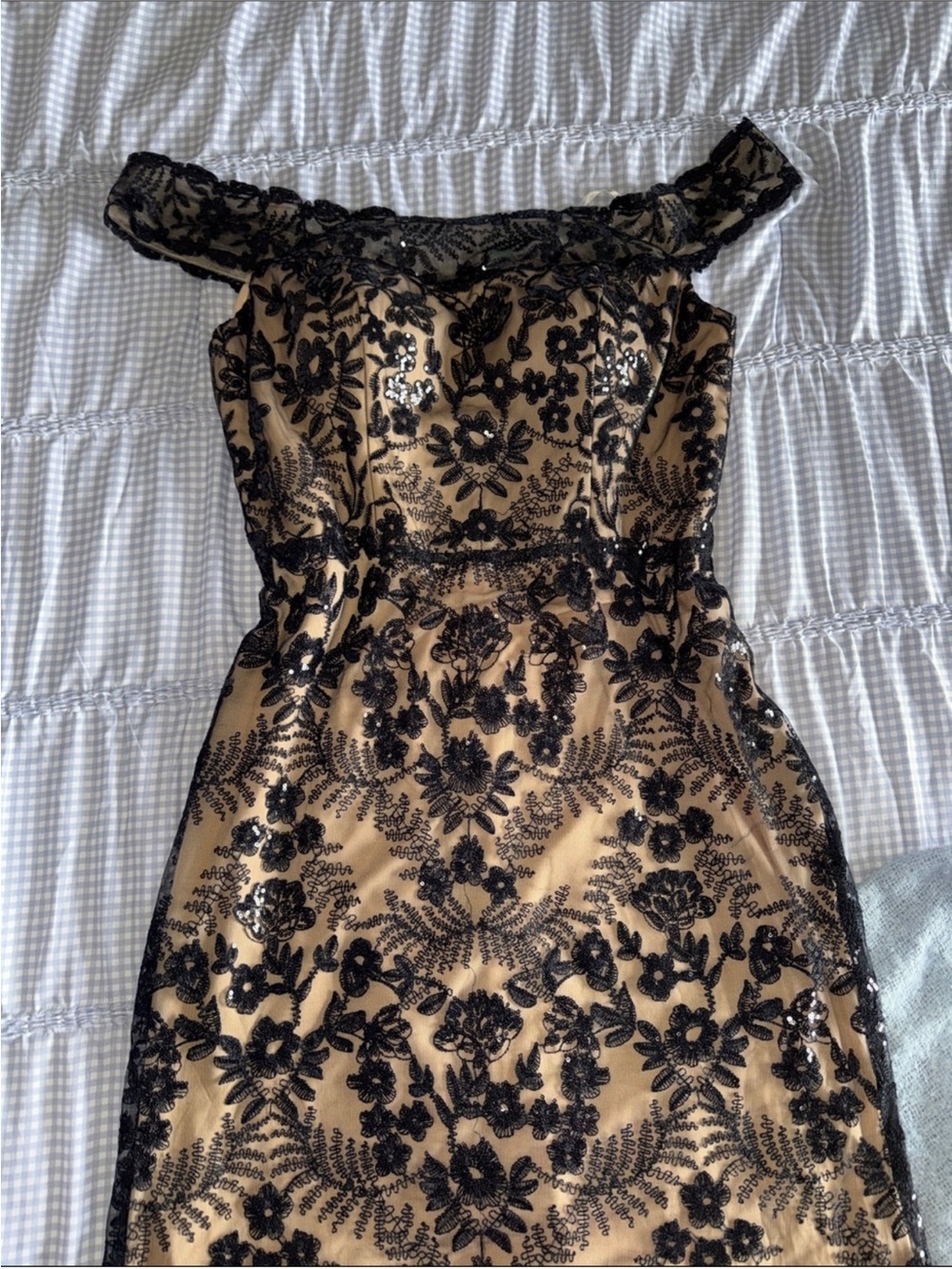 Camille La Vie Black Lace on Nude Satin Off-Shoulder Gown